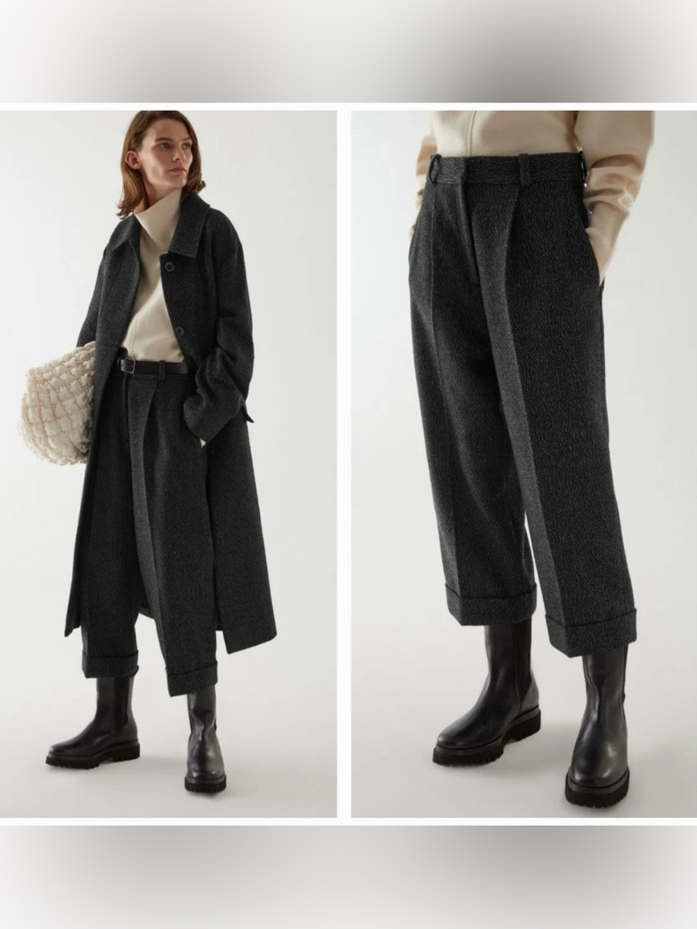 COS Dark Charcoal Cropped Pleat Trousers